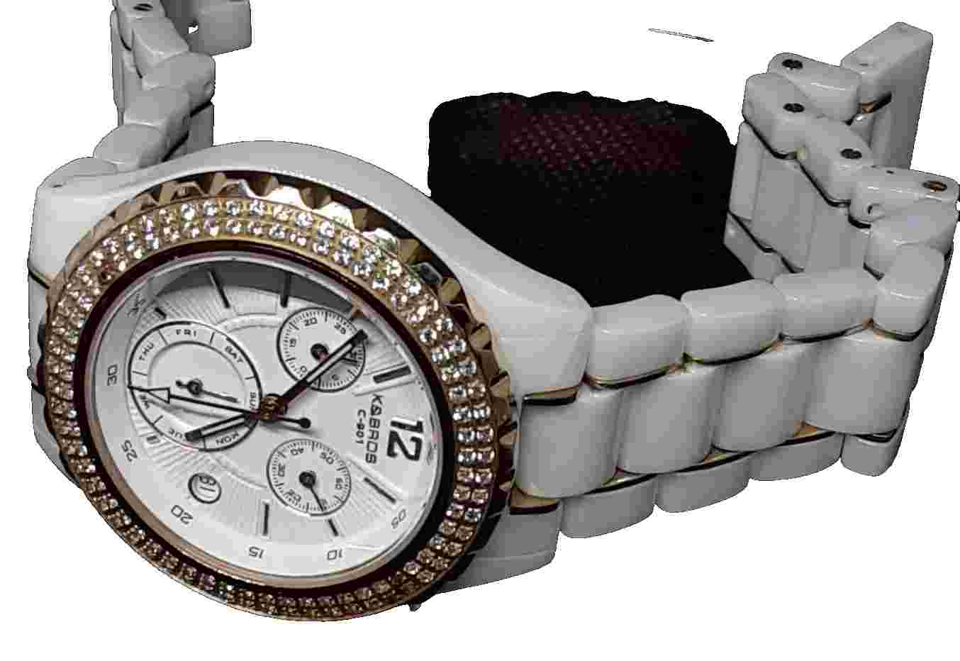K&BROS Women's - 9151-2 - C-901 Watch Full Ceramic Stones Chronograph - White