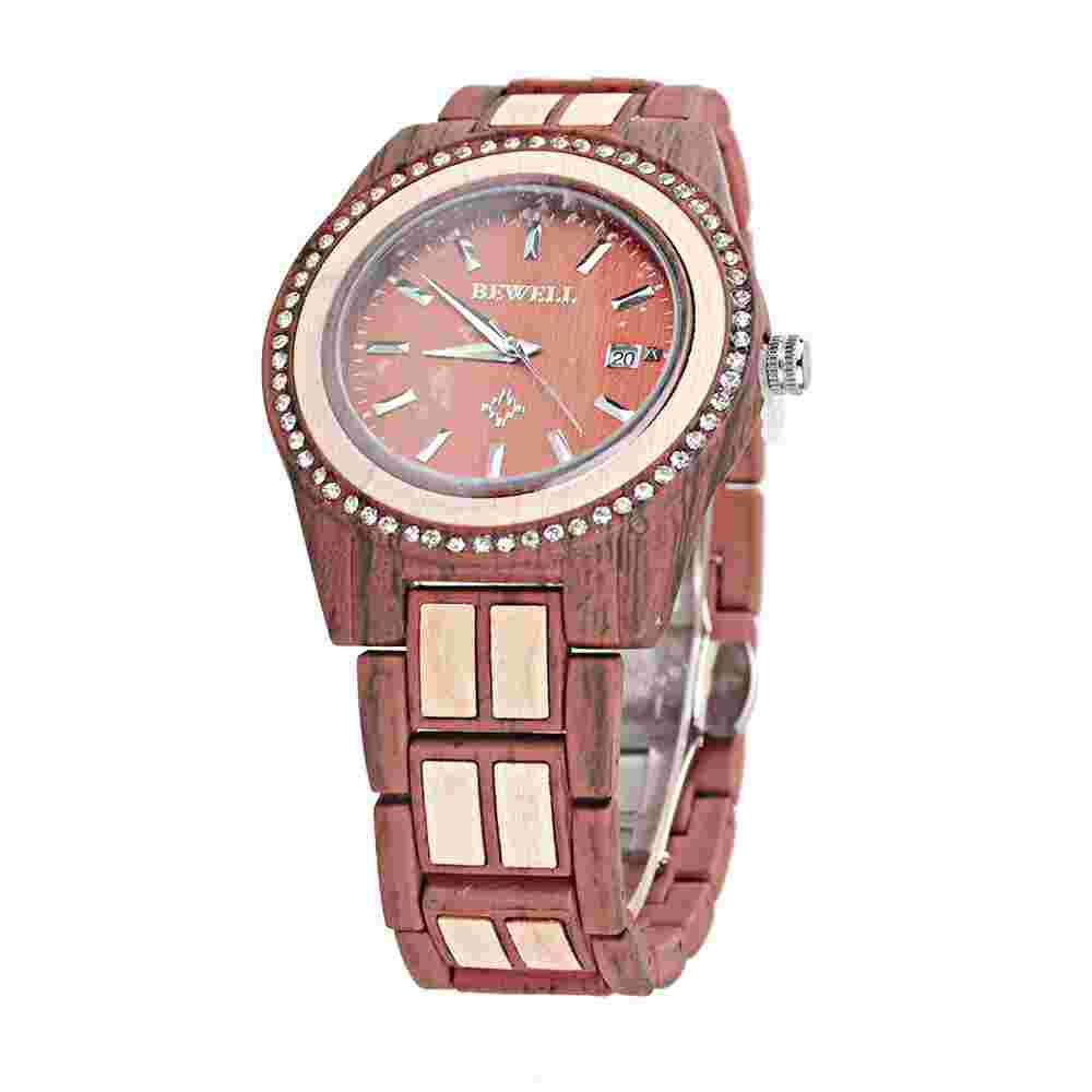Bewell Unisex Natural Wood Watch 42MM Case Two Tone Crystal Bezel 30M WR Japan M