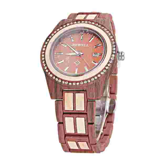 Bewell Unisex Natural Wood Watch 42MM Case Two Tone Crystal Bezel 30M WR Japan M