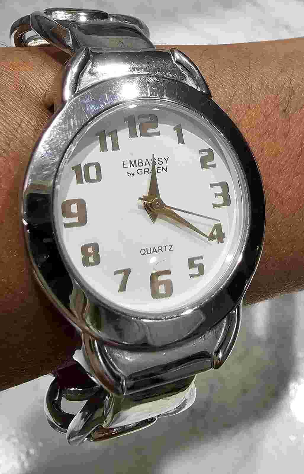 Embassy By Gruen Ladies Silver Tone Round Cuff Bangle Watch Gold Tone Dial