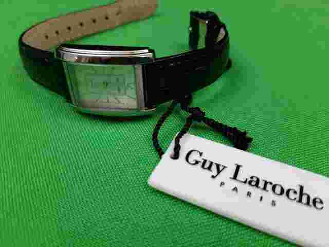 Womens Guy LaRoche Wristwatch Silver Tone With Black Genuine Leather Band NWT