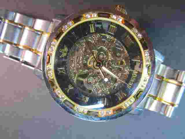 Sewor Men's Wristwatch Skeleton Face and Rear Gold Silver Link Band Wind Up Runs