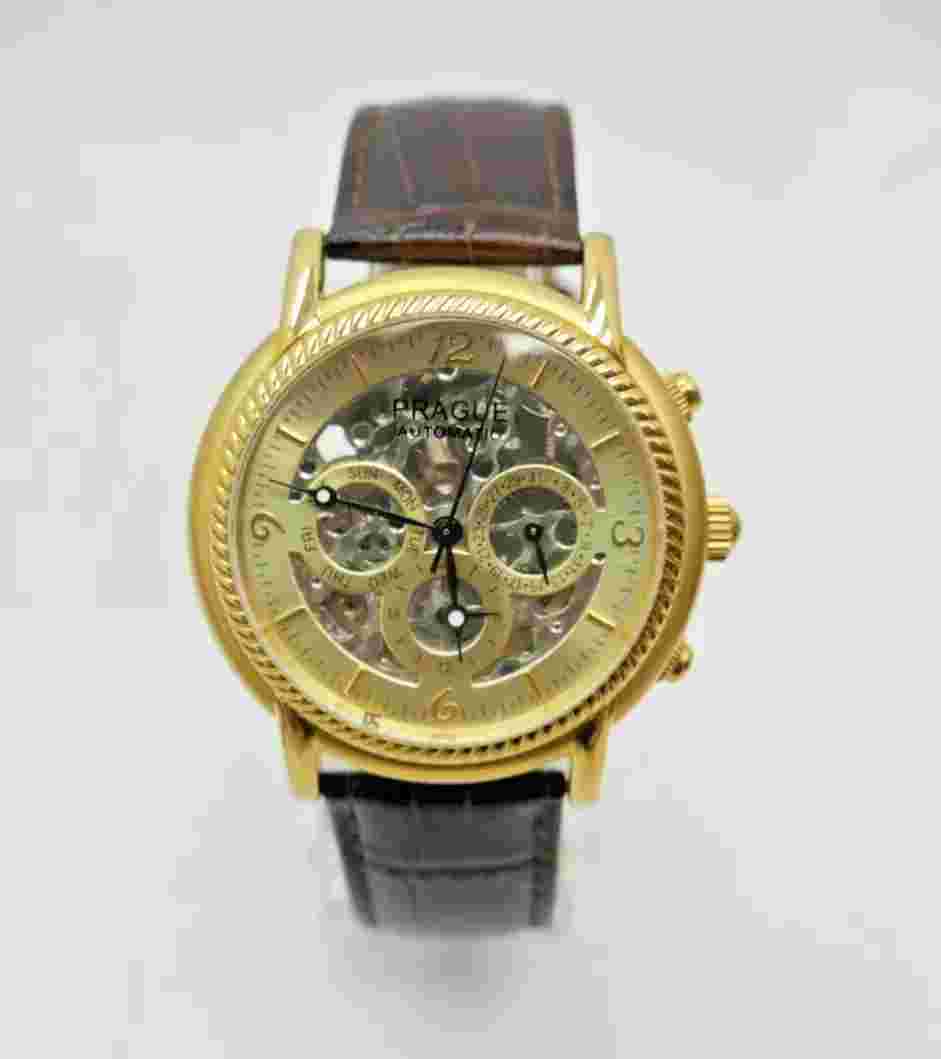 Prague Automatic 20 Jewel Mens Skeleton Watch EG-8901-G Stainless w/ Orig Box