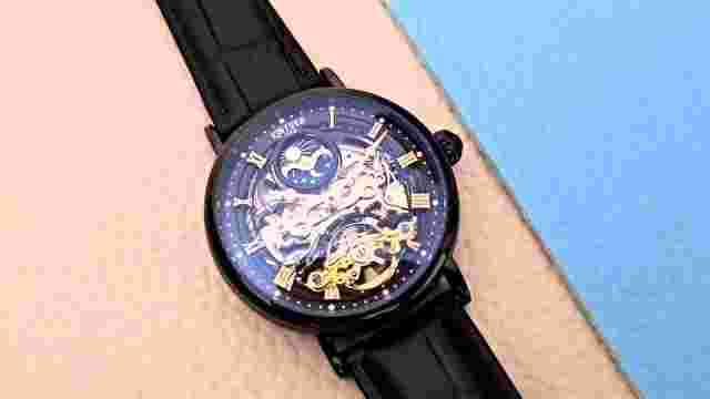 Mens Dual Time Flywheel Automatic Mechanical Watch Black Leather Strap