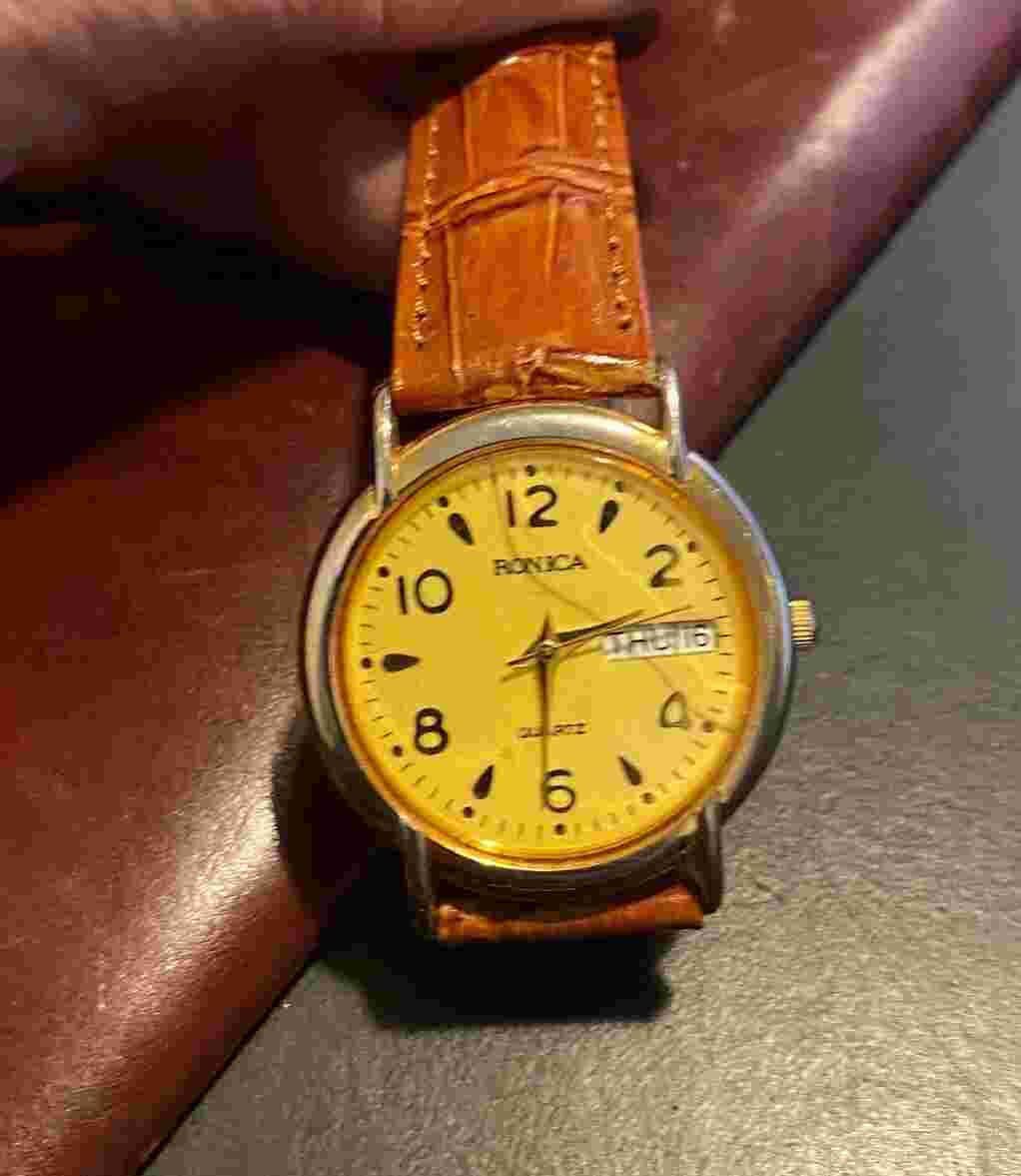 Women's 34mm Ronica Gold Tone Watch, Day/Date, Brown Band