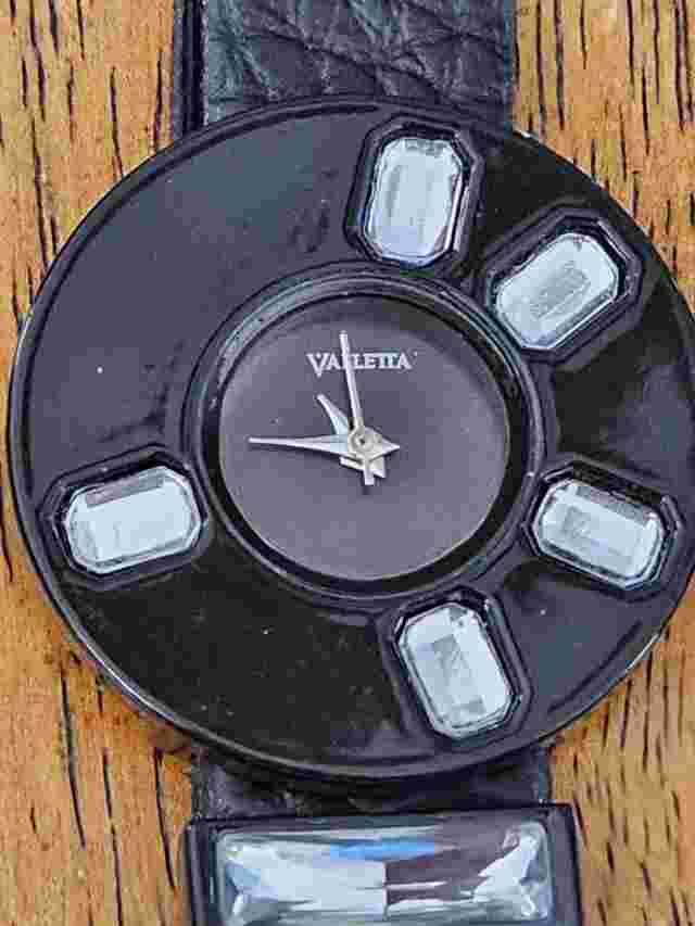 Valletta Ladies Analog Watch Black with Clear Faux Stone Accents