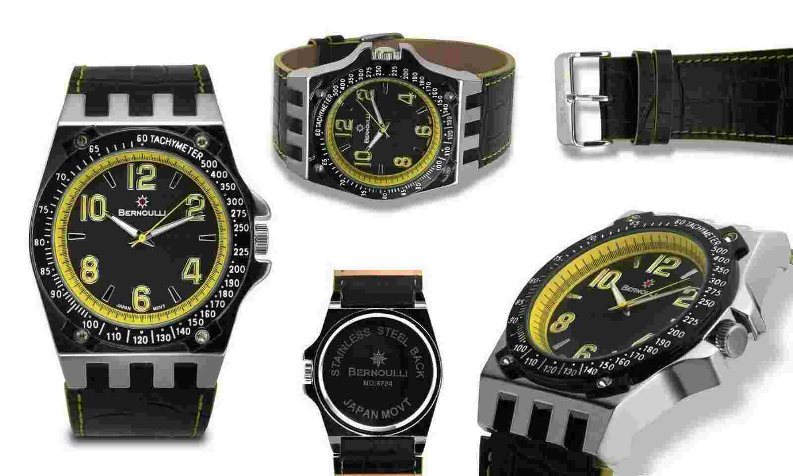 NEW Bernoulli 9724 Men's Polaris Wide Black Strap Yellow Accent Tachymeter Watch