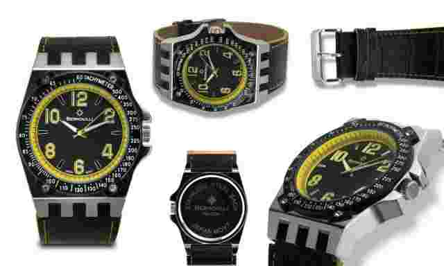 NEW Bernoulli 9724 Men's Polaris Wide Black Strap Yellow Accent Tachymeter Watch