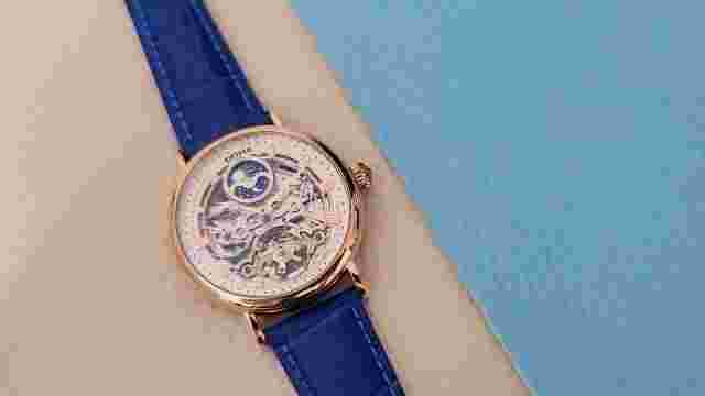 Mens Dual Time Flywheel Automatic Mechanical Watch Rose Gold Blue Leather Strap