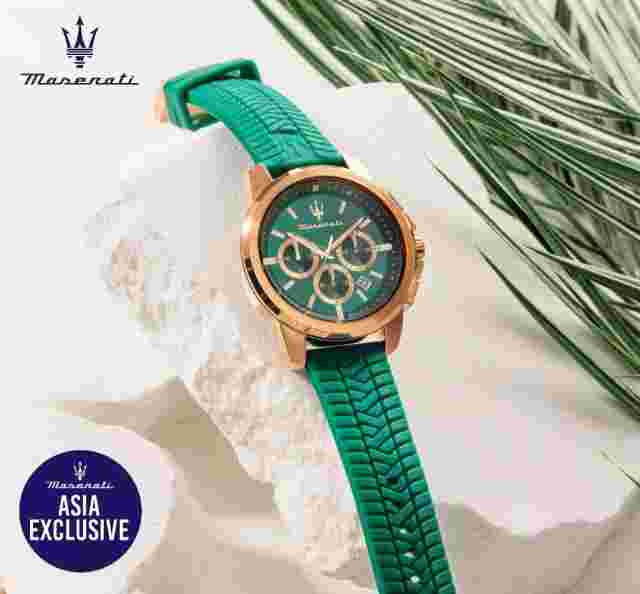 Maserati Asia Exclusive Successo 44mm Men's Quartz Watch Green Silicone Strap