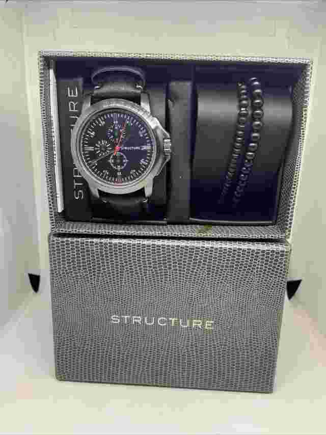 STRUCTURE Analog Quartz MEN’S WATCH SET Black Strap Sporty Dial 62055-R13