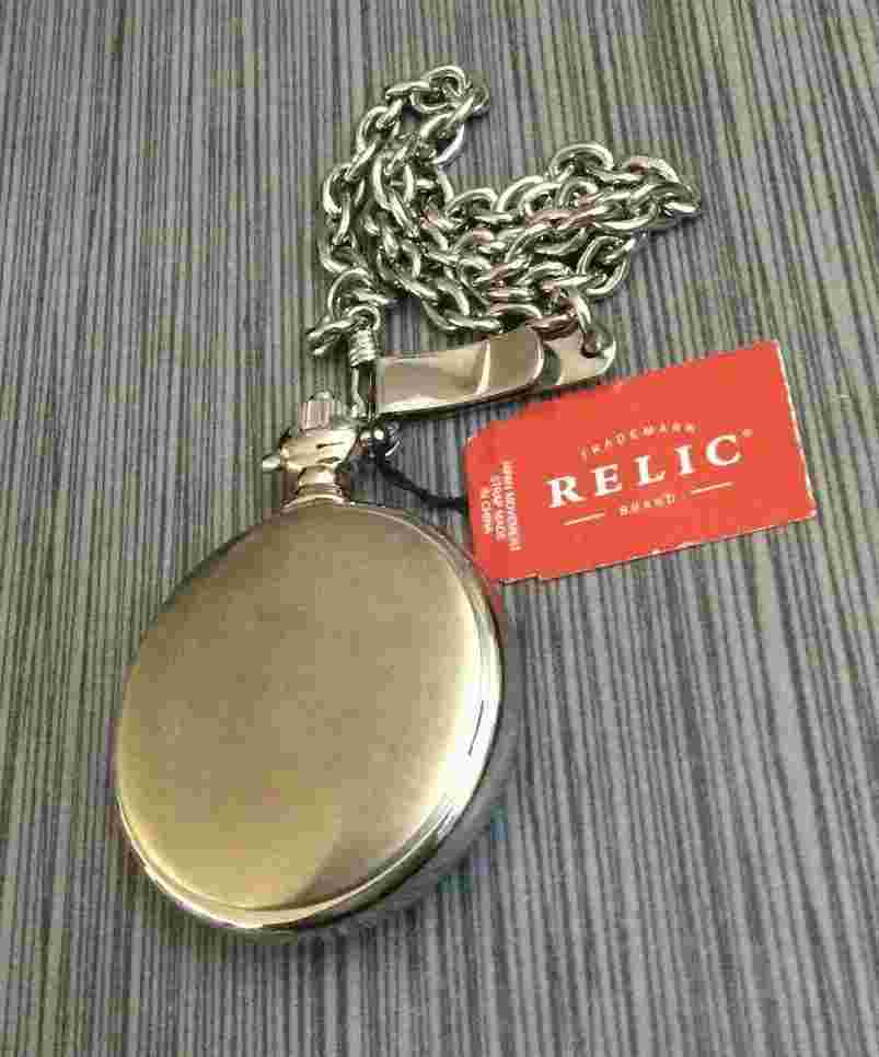 Relic by Fossil Silver Pocket Watch Round American Flag Dial on 15" Chain w Clip