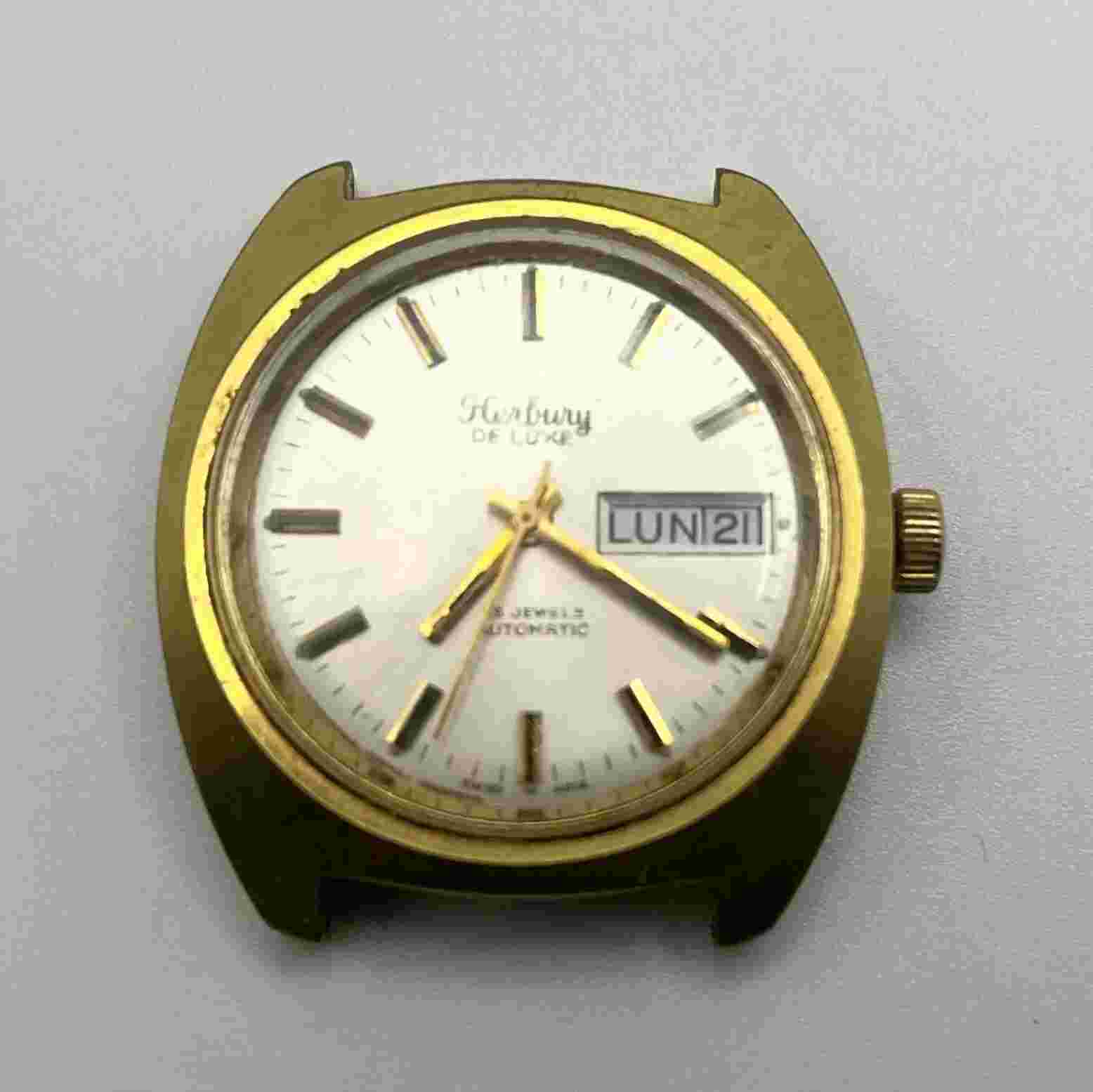 Herbury DE LUXE 25 Jewels Automatic Gold 36mm Watch Day-Date Working Swiss Made