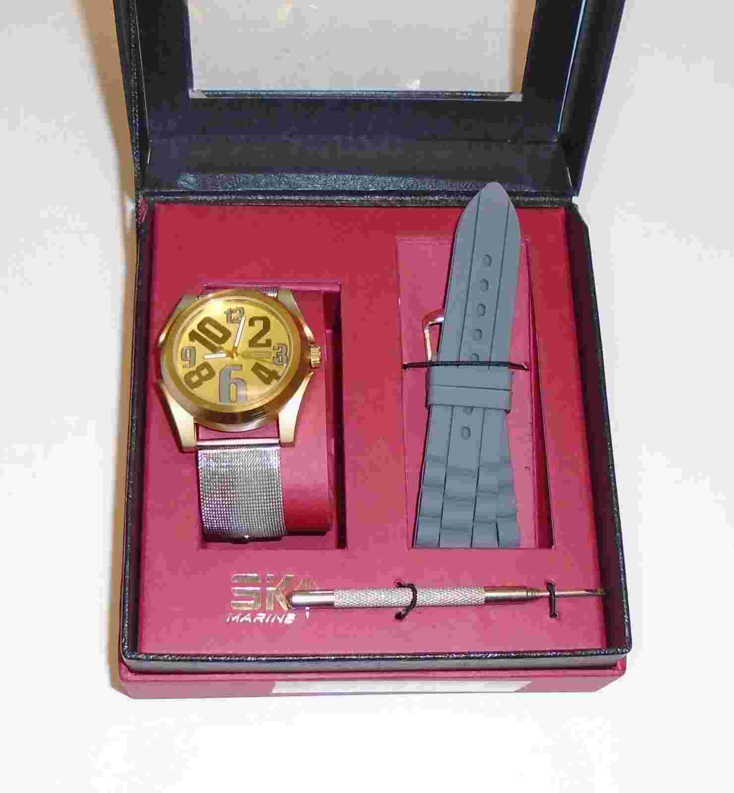 NEW SKY MARINE GOLD,INTERCHANGEABLE GRAY SILICON+SILVER MESH BAND WATCH SM1344