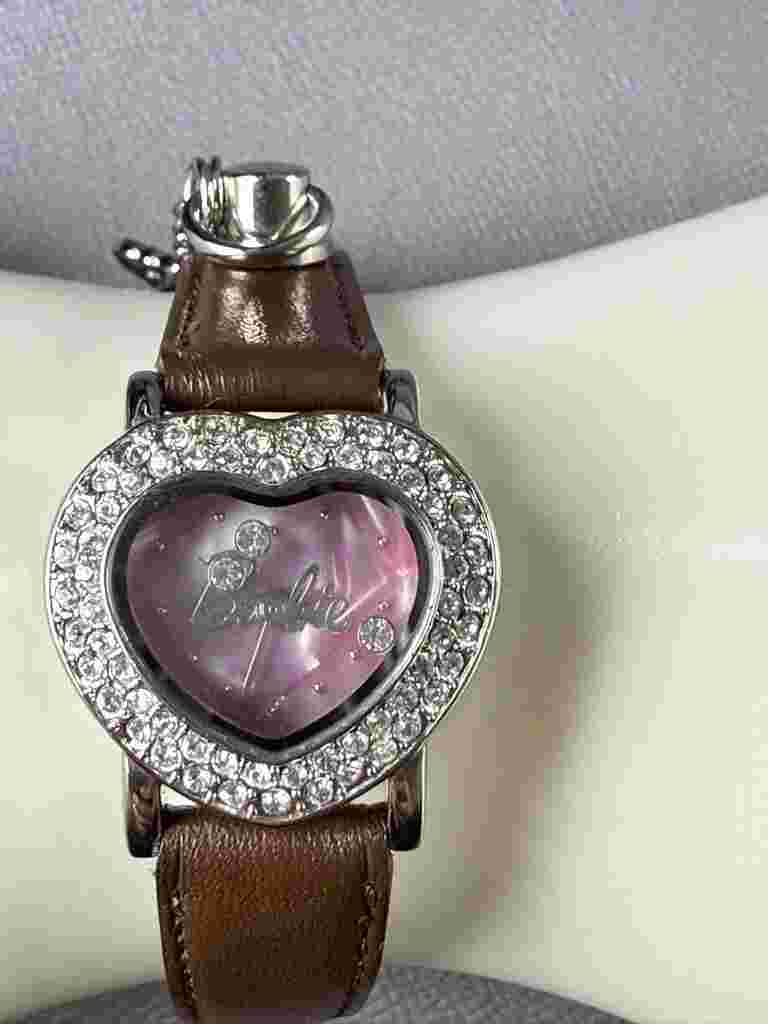 RARE! Barbie silver color Heart brown leather belt wristwatch analog Women