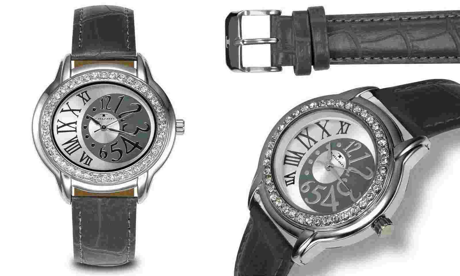 NEW Tavan 14077 Women's Rusila Crystal Bezel Grey Leather Silver IP Metal Watch