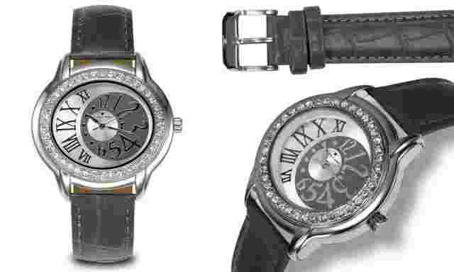 NEW Tavan 14077 Women's Rusila Crystal Bezel Grey Leather Silver IP Metal Watch