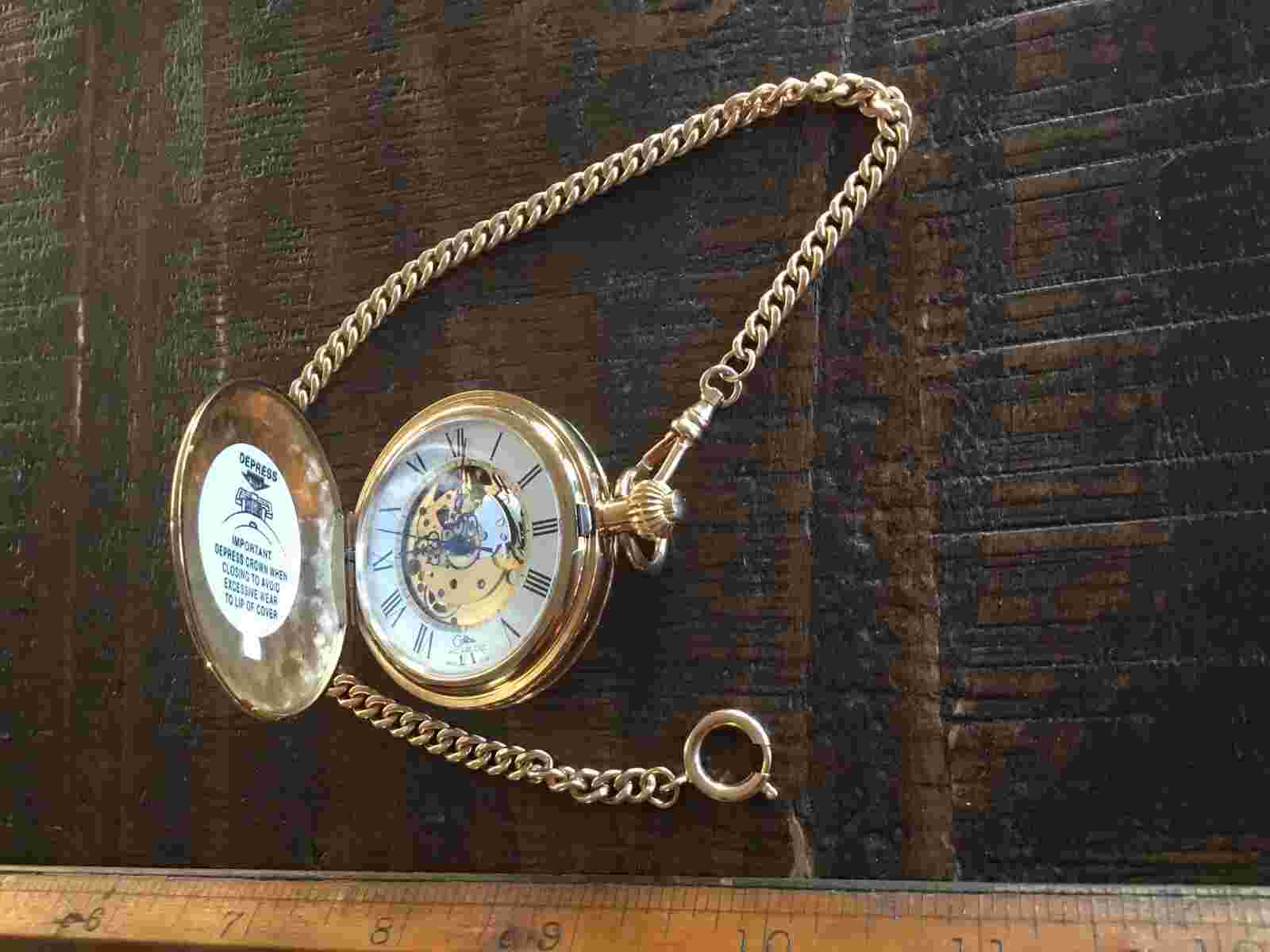 ORIGINAL VINTAGE COLIBRI HUNTER CASE PART SKELETON POCKET WATCH 17J W/ CHAIN