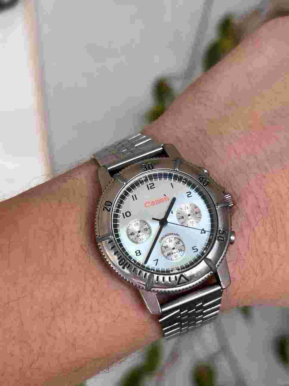 Vintage Canon Steel Metallic Chrome Watch Metal 1990s Working Quartz
