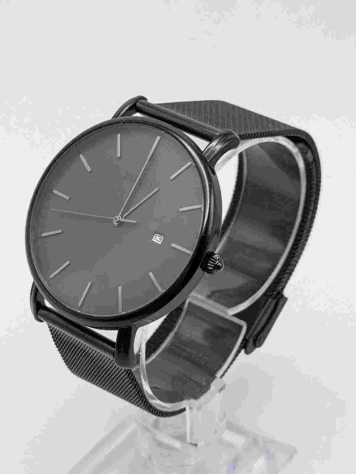 BUREI Men's Slim Watch Stainless Steel Date 41mm Black Mesh Band New Battery EUC