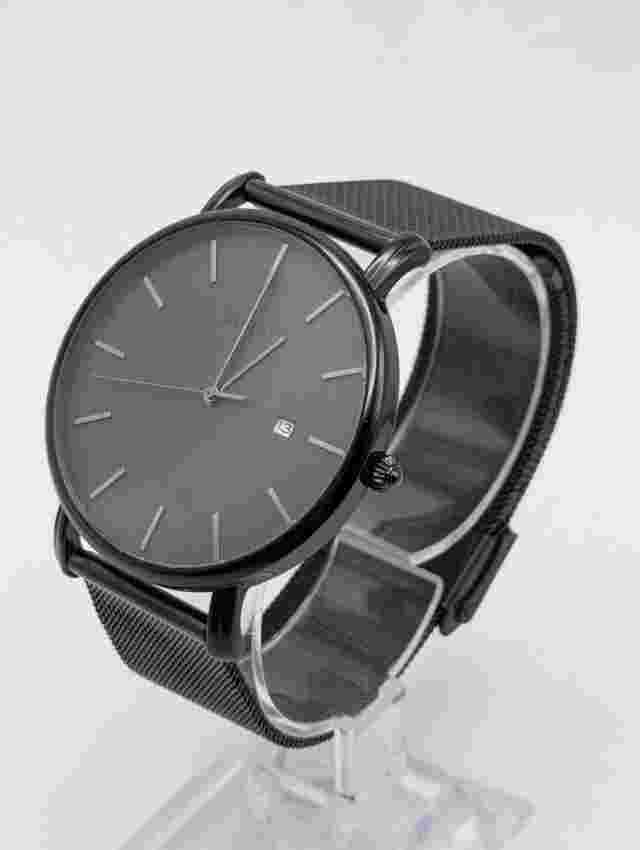 BUREI Men's Slim Watch Stainless Steel Date 41mm Black Mesh Band New Battery EUC