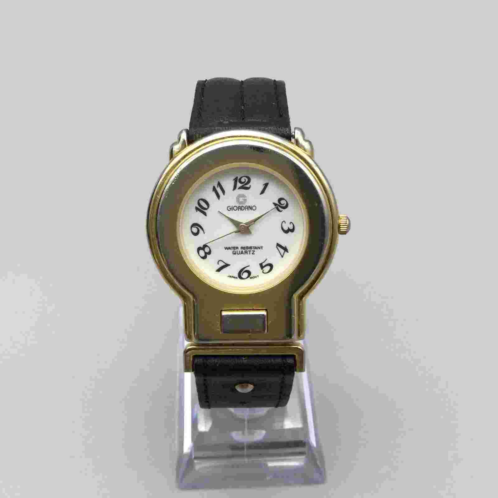Vtg Giordano Watch Women 34mm Gold Tone Black Leather Band New Battery 6.25"