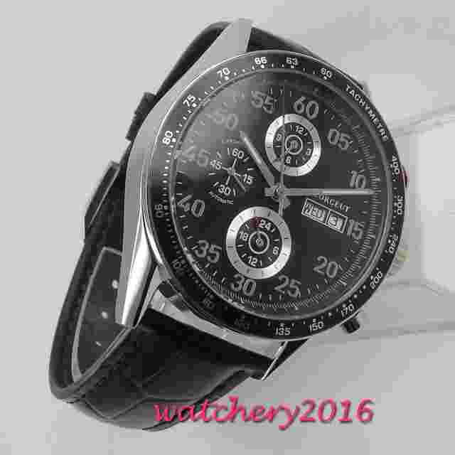 44mm Automatic Men's Watch Auto Date Week Black Dial Leather Strap 24 hours