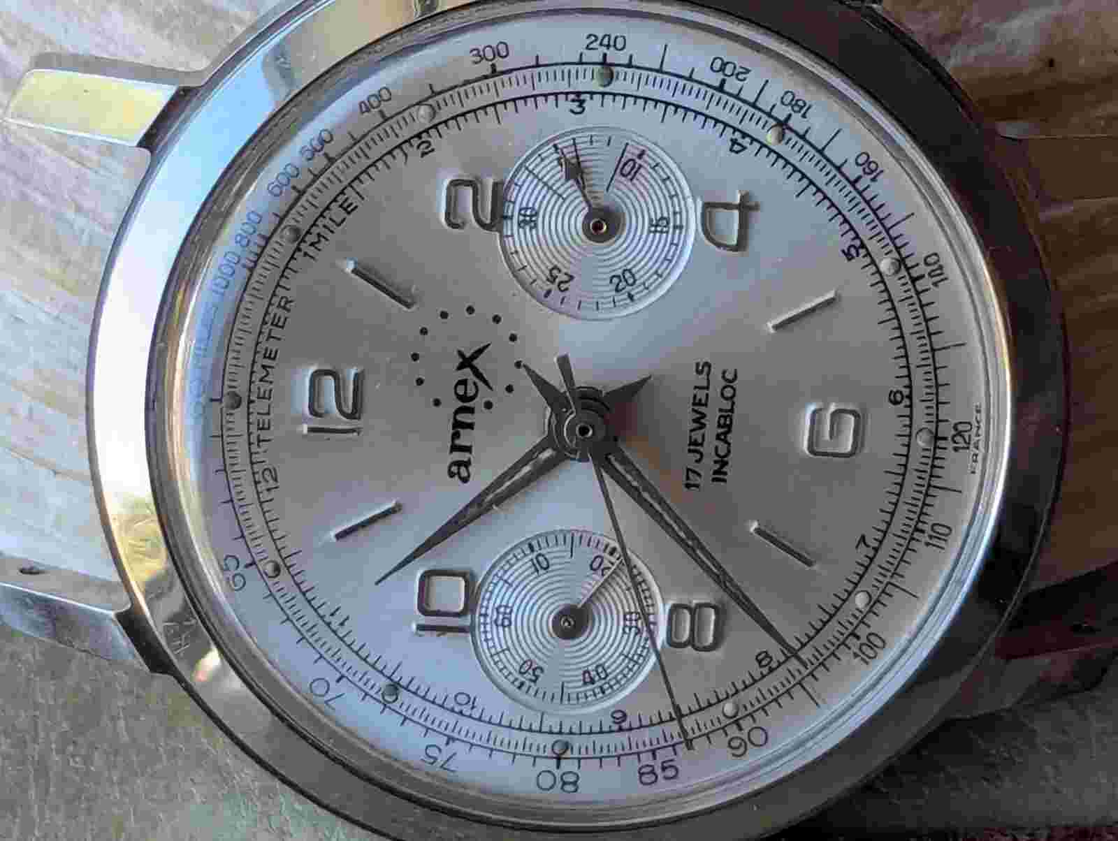 Vintage 1960's Arnex French All SS Chronograph w/Warm Patina,Landeron 248 Mvmt