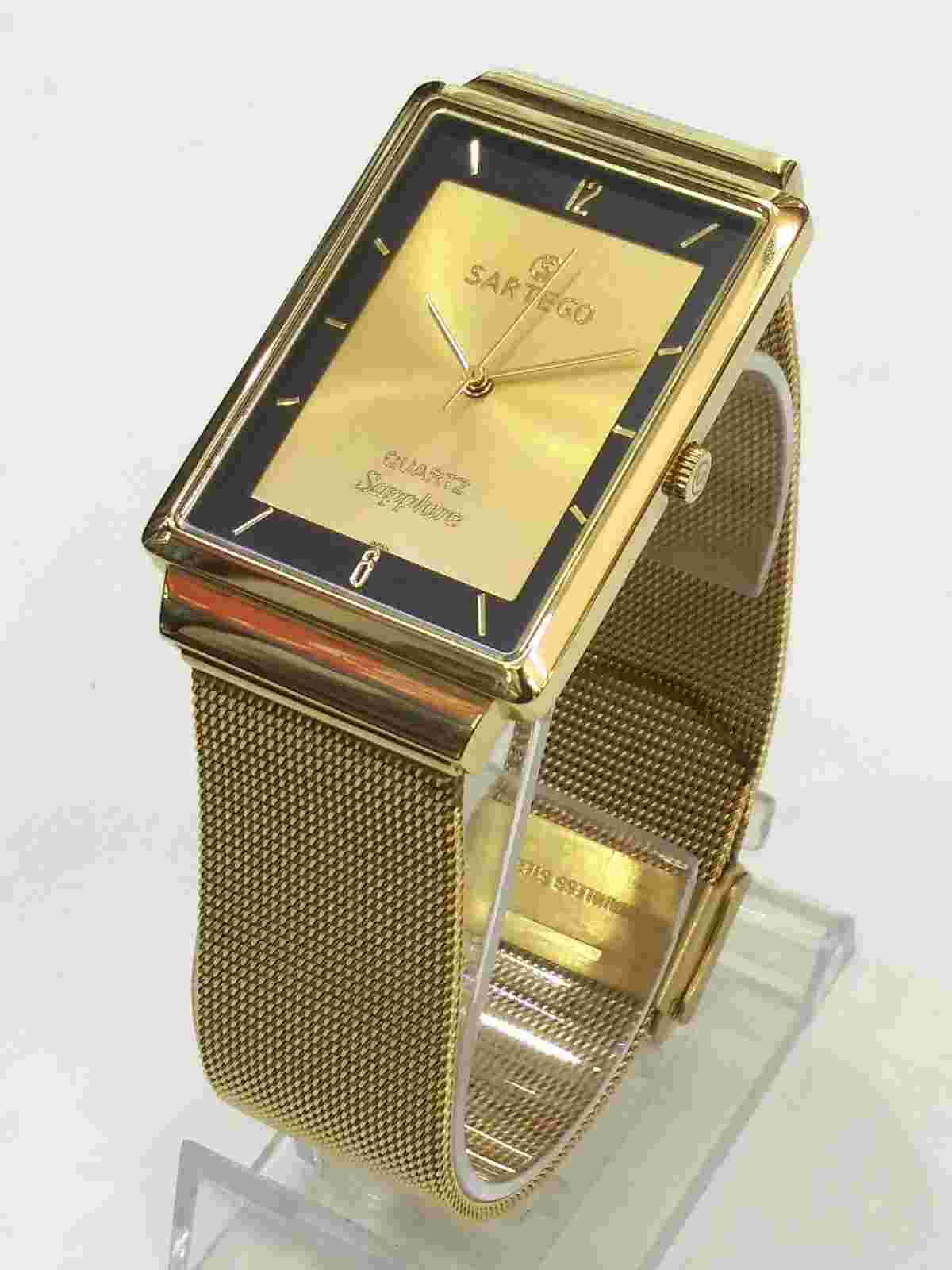 Sartego Seville quartz sapphire 50 meter square gold tone men's watch SVS812