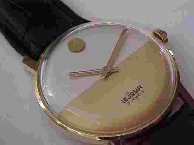 Excellent Vintage Le Jour Man's Two-Tone Dial Cabochon Crown New Old Stock Sharp