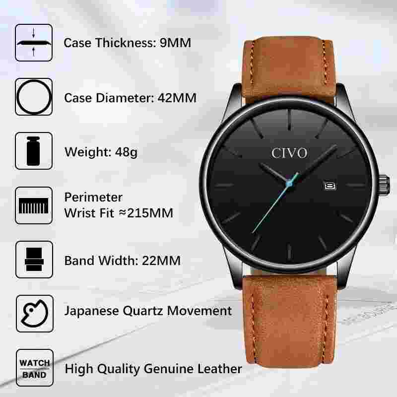CIVO Mens Minimalist Real Saddle Brown Leather Band Quartz Movement Wrist Watch