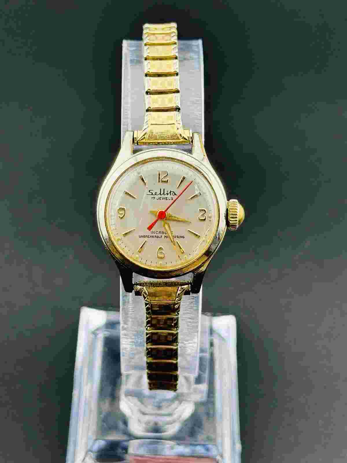 Working Vintage Sellita 17 Jewels Incabloc Ladies Watch 10K GF Red Seconds L2