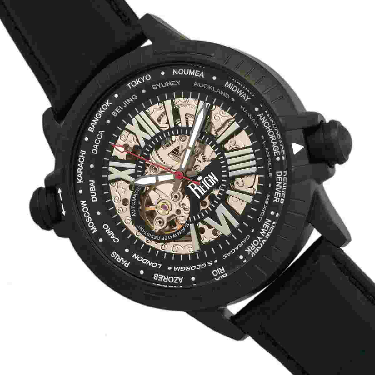 REIGN Thanos RN2102 Black/Black Automatic Leather Band Watch 10ATM  ***NEW***