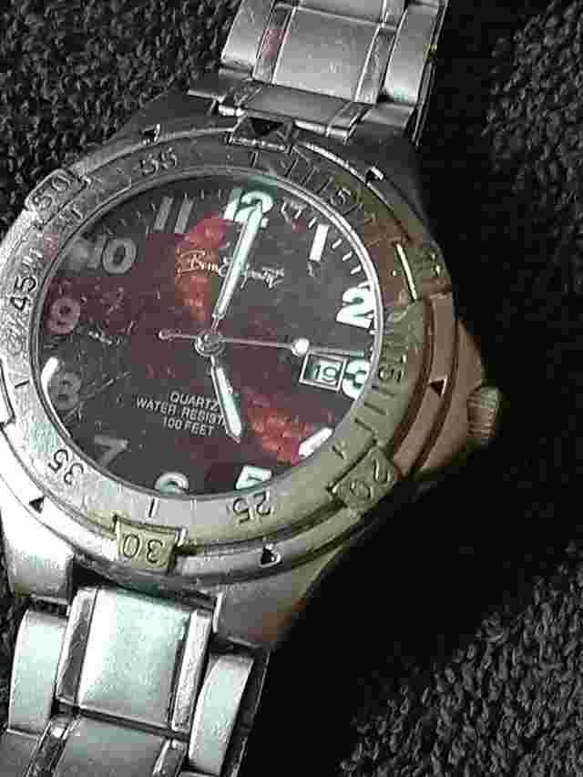 Bum Equipment Men's Watch V-360 Red Dial Silver Tone Day Indicator NEW BATTERY