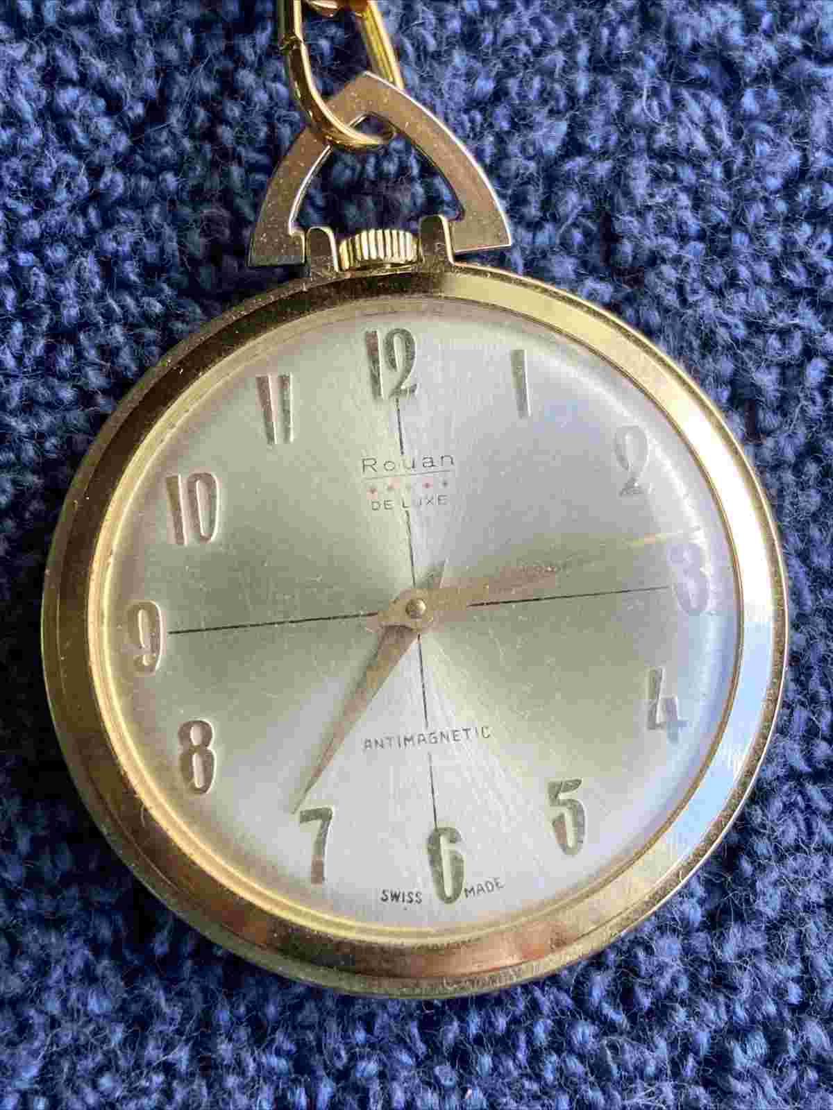 Rouan De Luxe Swiss Made Antimagnetic Gold Plated Vintage Pocket Watch