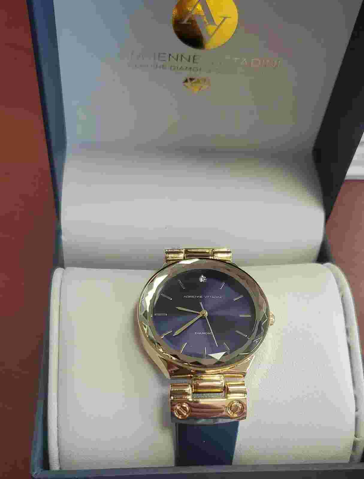 Adrienne Vittadini Diamond Dial Navy Dial w Gold Tone Metal Analog Watch nib