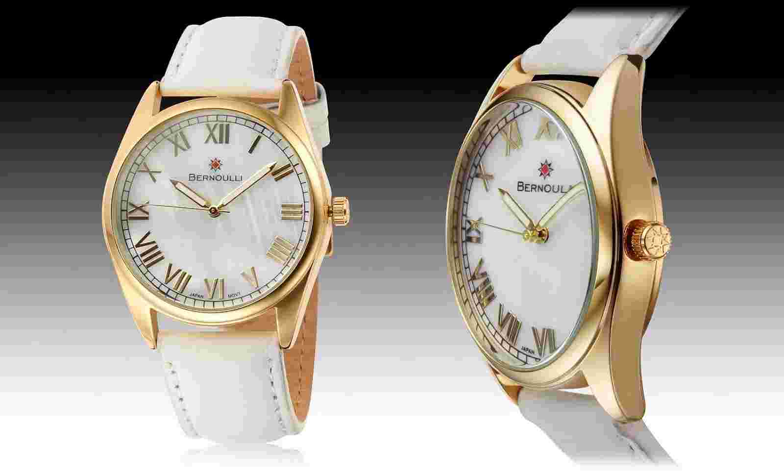 NEW Bernoulli 9822 Womens Lynx Fashion White Leather Gold Metal Bezel Cute Watch