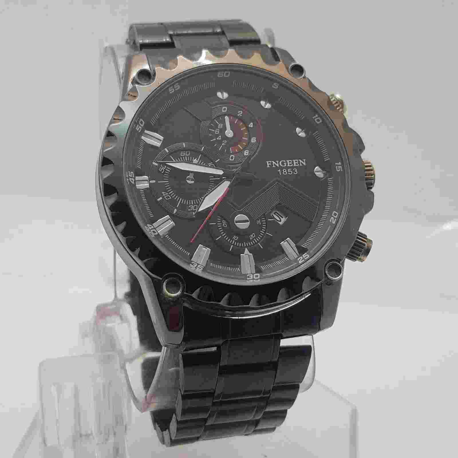 FNGEEN Quartz Analog Watch Black Dial Stainless Steel Black Band....NEW BATTERY