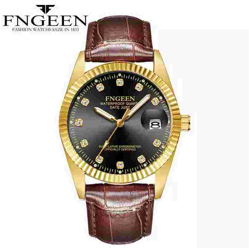 Men Gents Black Face Date Gold Case Genuine Leather Strap Quartz Wristwatch uk