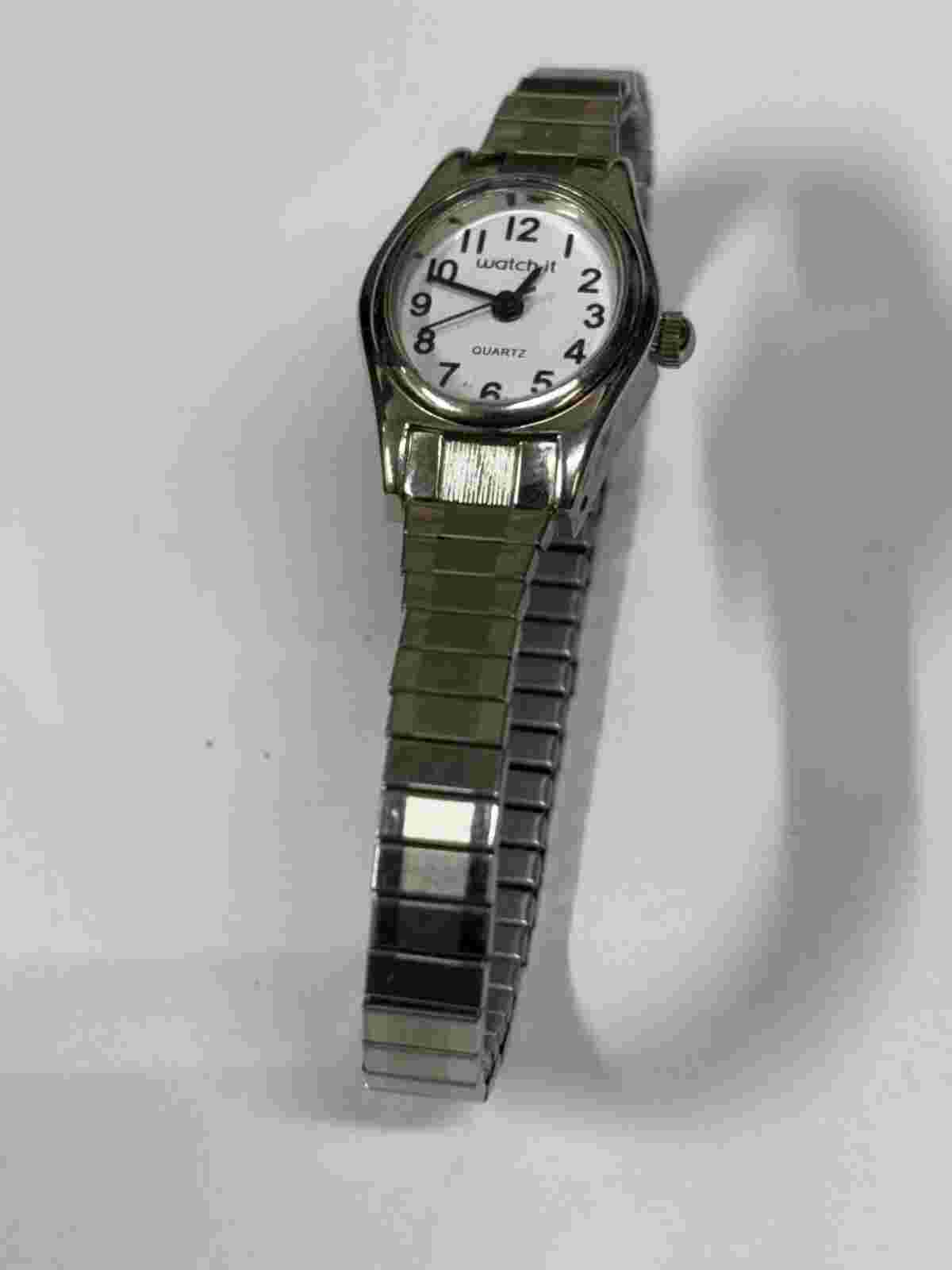 Watch-It Stretch Band Silver Tone Quartz Watch Quartz Ladies Wristwatch AS IS