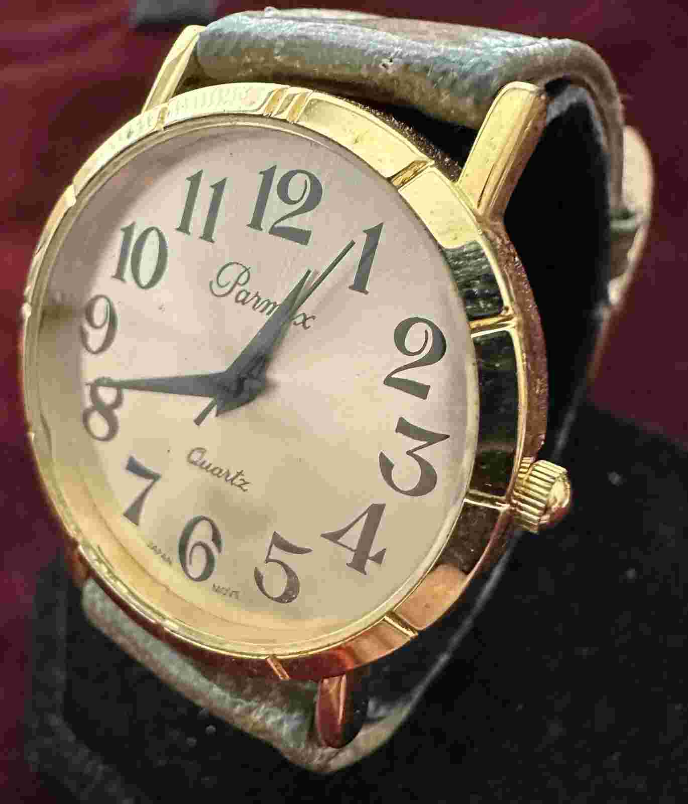 Vintage Parmex Watch. Gold Dial, Black Arabic Hour Markers, New Battery Works