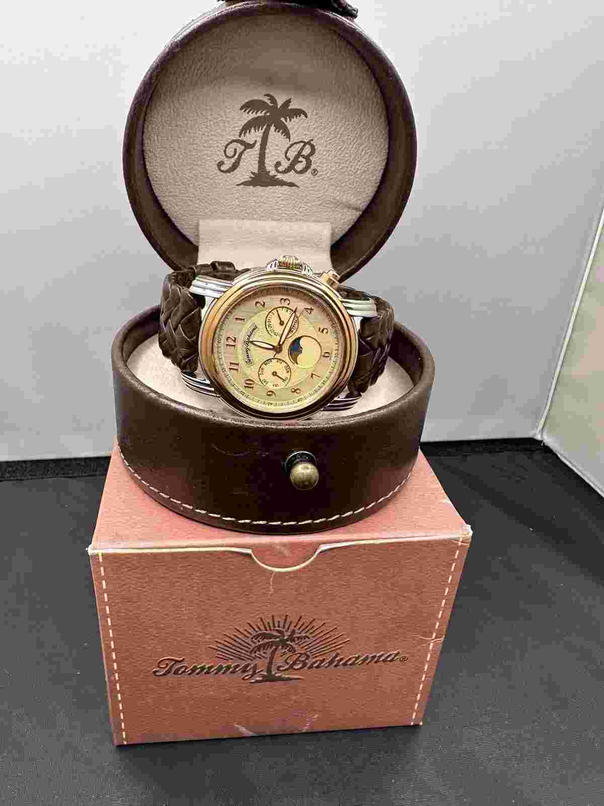 Tommy Bahama TB1065 Moon Phase Watch Brown Croco Woven Strap Pineapple