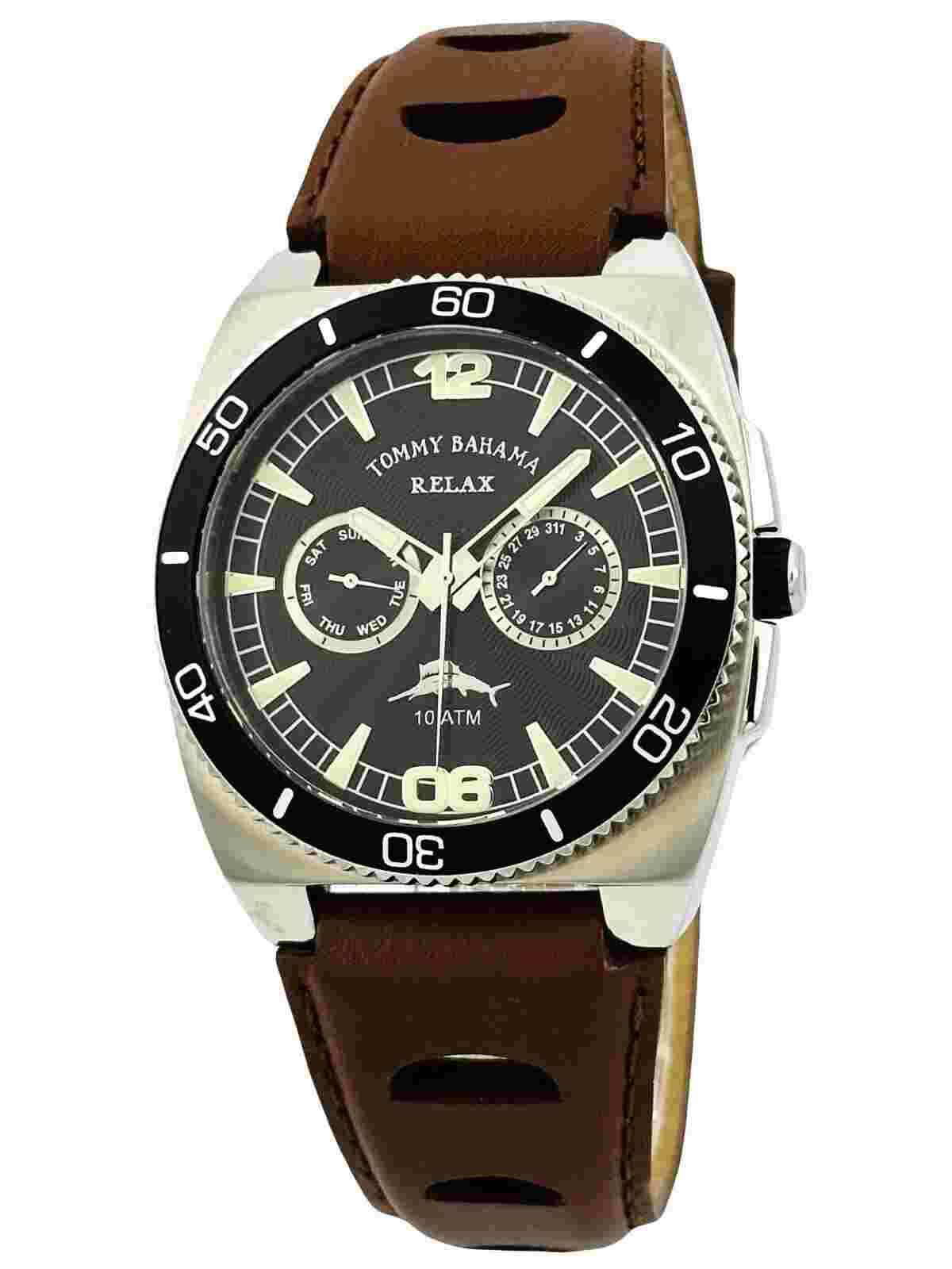 Tommy Bahama RLX1023 SHORE THING BLK Dial Timing Bezel Brown Leather Strap Watch