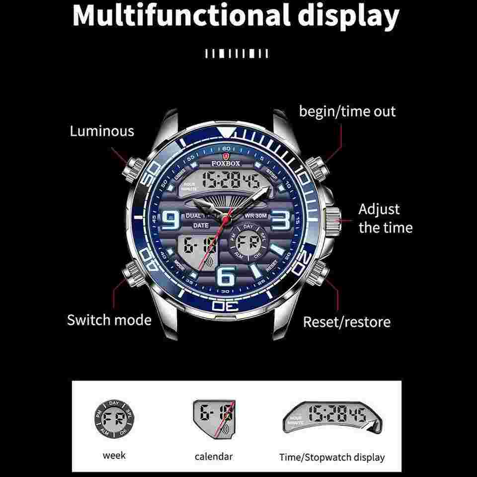 LIGE FOXBOX Men Digital Watches Big Dial Steel Wristwatch Male LED Quartz Watch