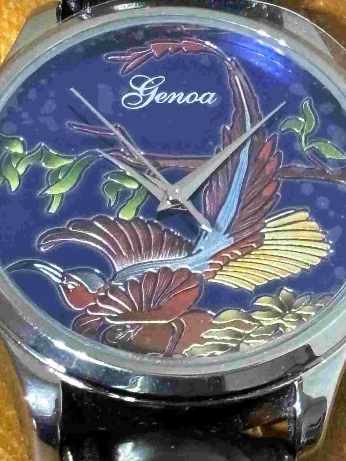 Genoa Chinese Cloisonne Design Watch Red Bird Genuine Leather Band RARE UNIQUE