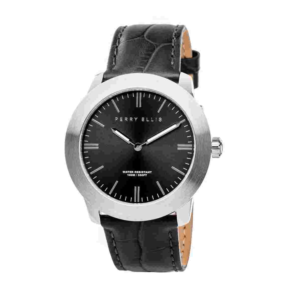 Perry Ellis 42mm Slimline Black Silver SS 100M WR Mens Watch PEW07002-01 Invicta