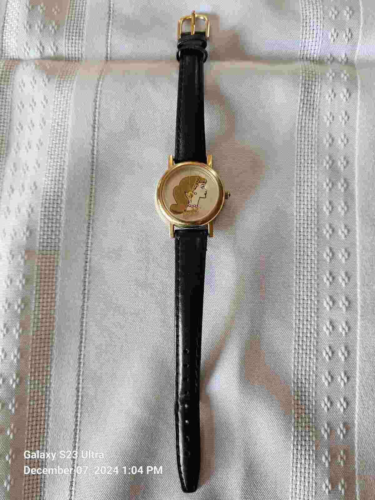 Vintage 90s Mattel Barbie Wristwatch Silhouette Gold Silver Face Leather Band