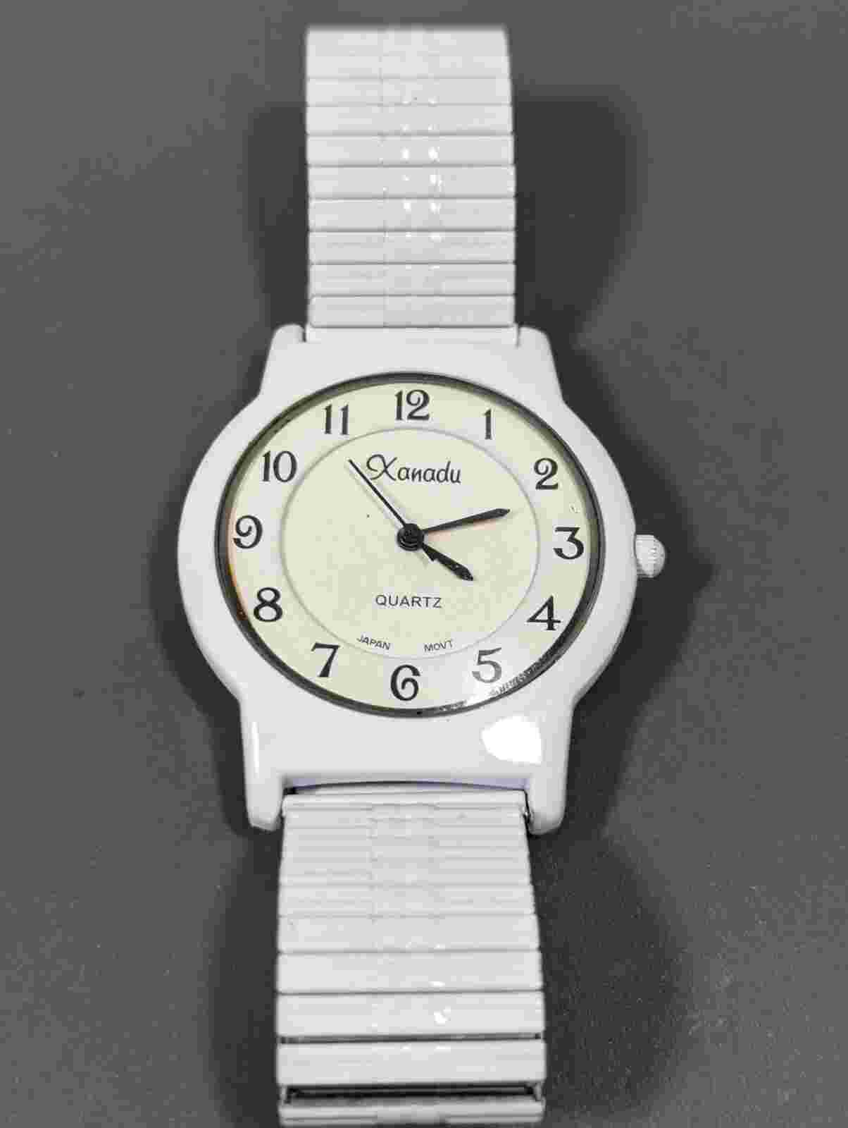 Xanadu Womans White Dial Round Case Staibless Steel Sstretch Band Watch