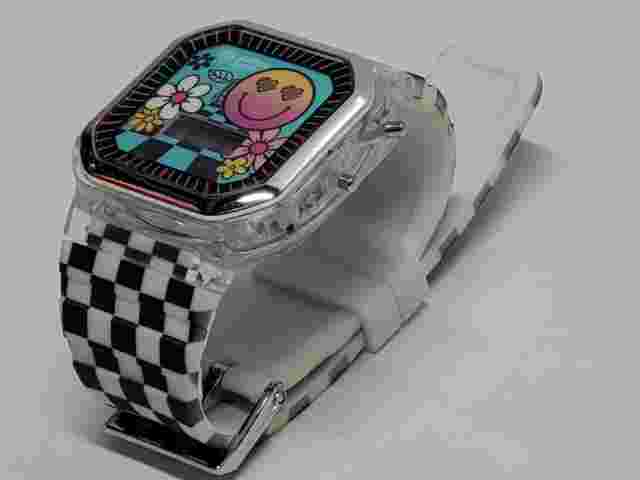 Justice Unisex Watch Child Smiley Face Checkered Flag Black White Silicone Strap