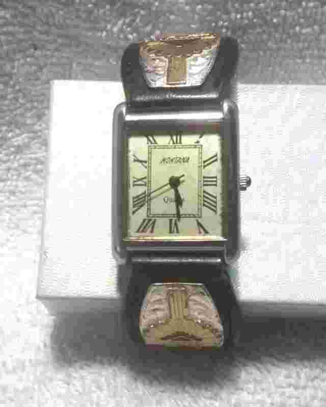 Montana Silversmiths Watch Aztec Silver Gold Black Leather New Bat Great Shape 9